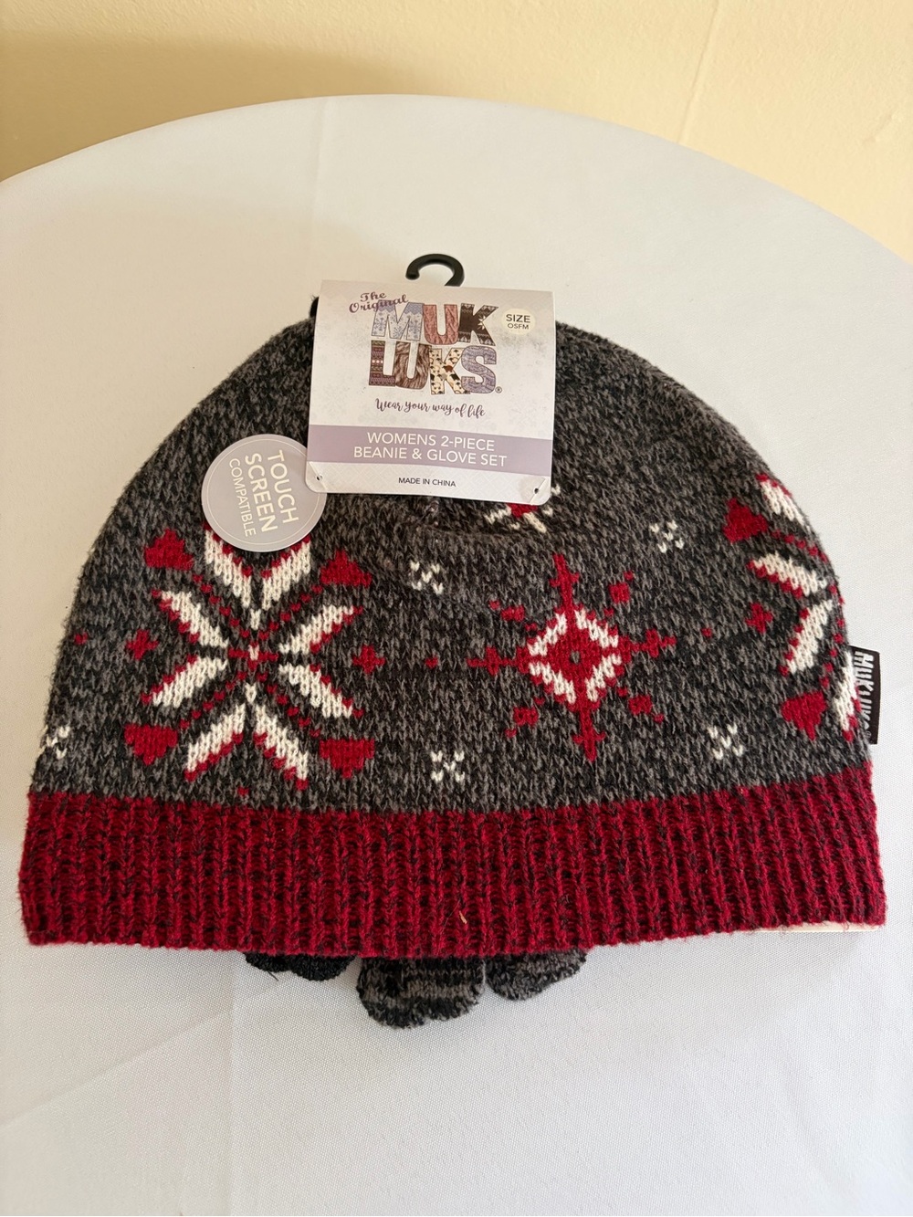 Muk Luks Gray, Red & White Fair Isle Women’s Beanie and Glove Set